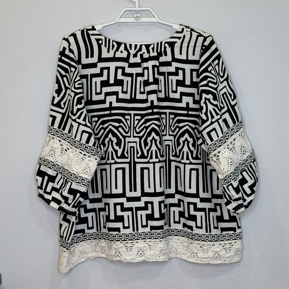 Cynthia Rowley Top Size 2X Black Off White Print V-Neck 3/4 Sleeve Linen Blend - Picture 6 of 9